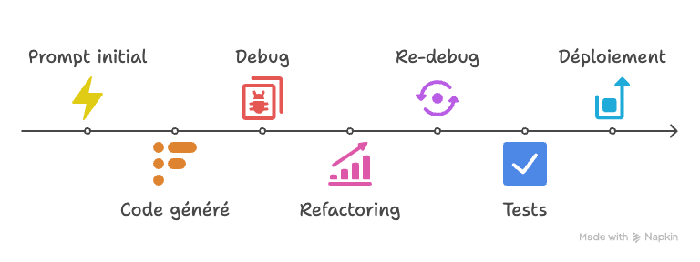 Prompt initial → Code généré → Debug → Refactoring → Re-debug → Tests → Déploiement